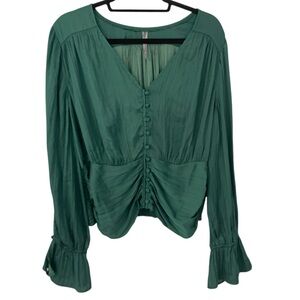 By Anthropologie Emerald Green Ruched Button-Front Blouse – Size XL